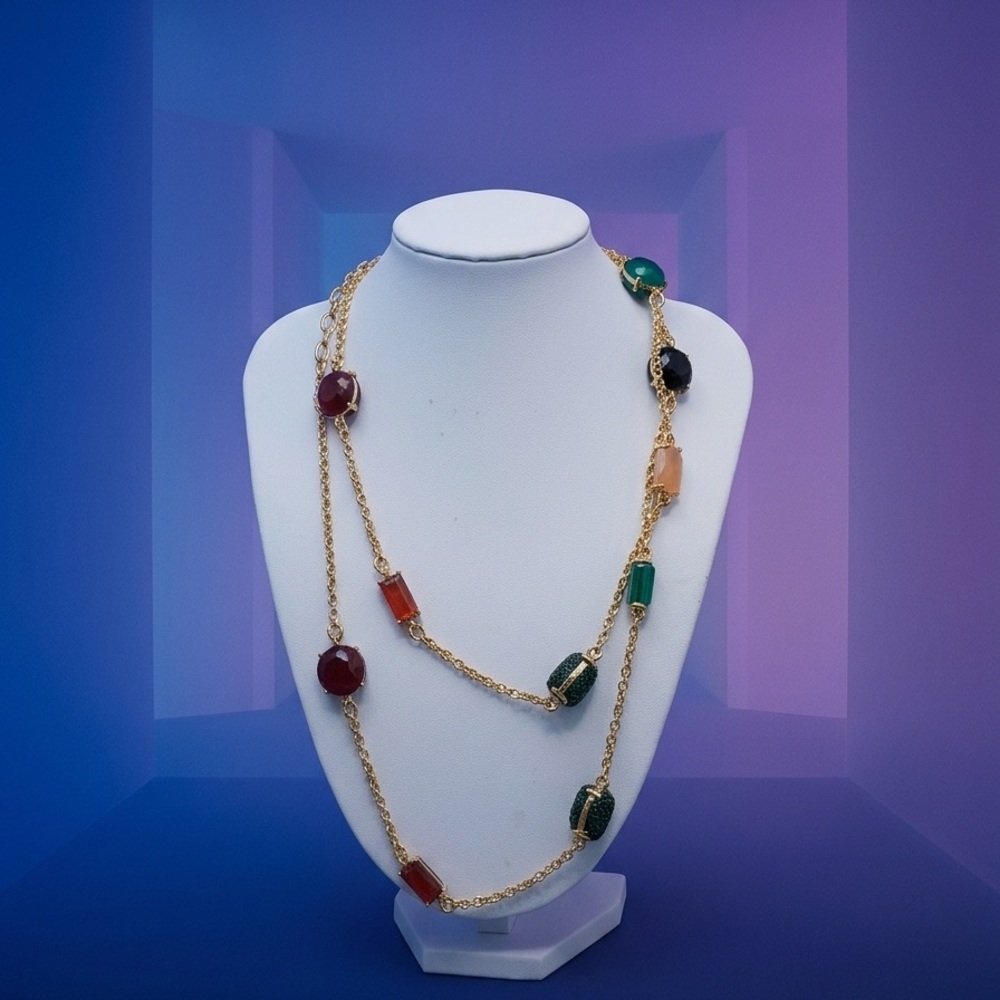 Talbots 36”Gold Chain Multi-Gem Long Necklace - Green, Red, Black, Pink Accents